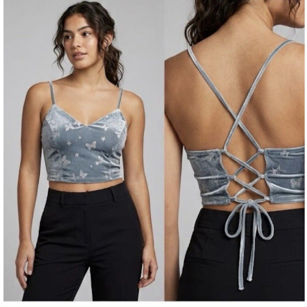 Blashe  Light Blue Glitter Butterfly Lace Up Back Velvet Crop Top Size Small